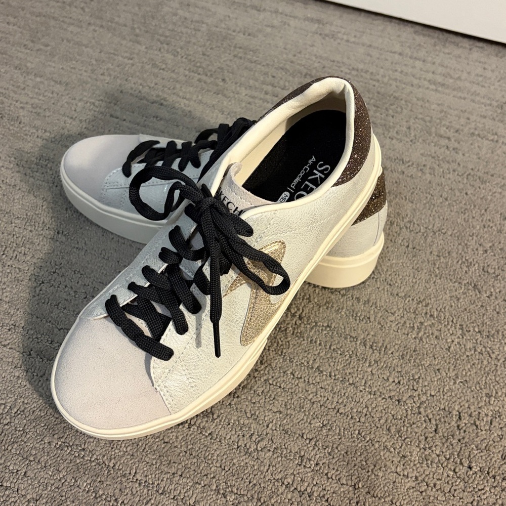 Skechers White, Bronze Glitter and Black Women's Sneakers